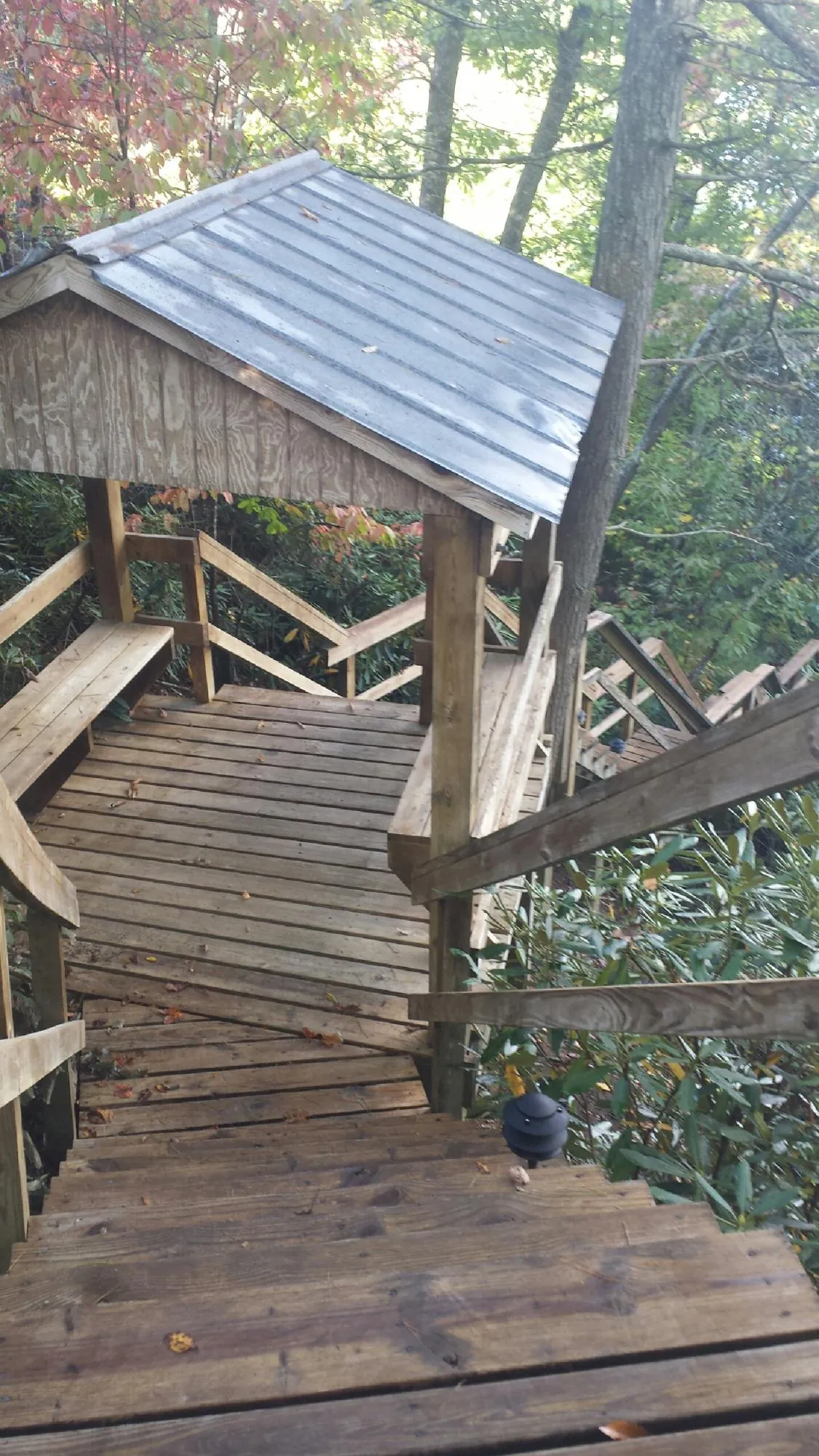 Metal roofed shelter over wooden steps on a wooded walkway — Skylight Repair & Installation work by our crew in Benton City